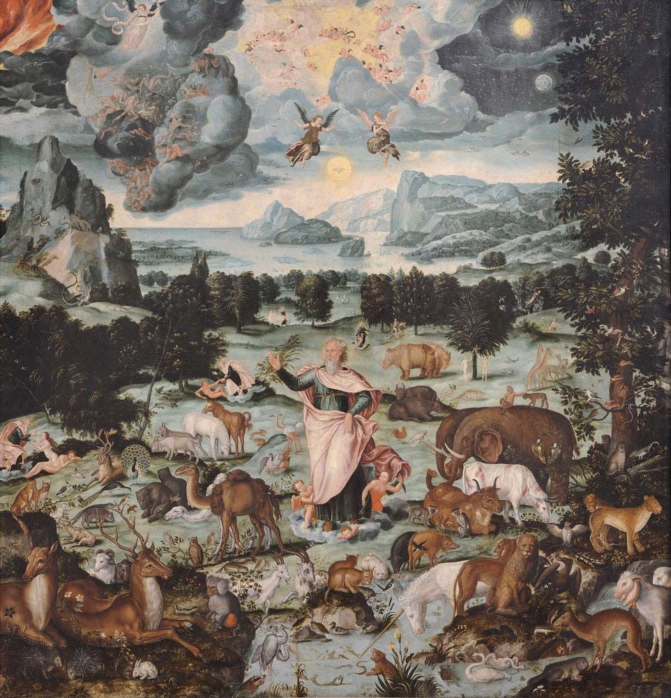 Johann Melchior Bocksberger, La creation du monde (fin du XVIe siècle), Musée des Beaux-Arts, Strasbourg. L’artiste vise à donner à voir en une seule vue l’ensemble de la création du monde par Dieu, et même au-delà, puisqu’il montre aussi l’expulsion d’Adam et Ève du Paradis.