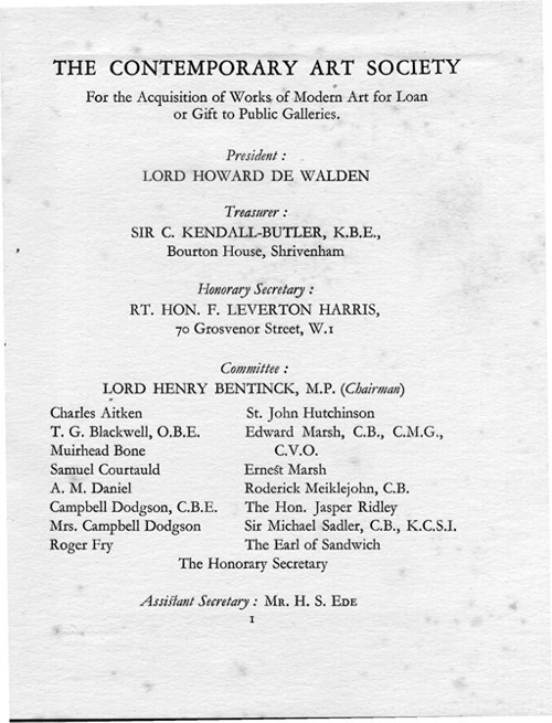 Page 1 du Rapport de 1925 de « The Contemporary Art Society »