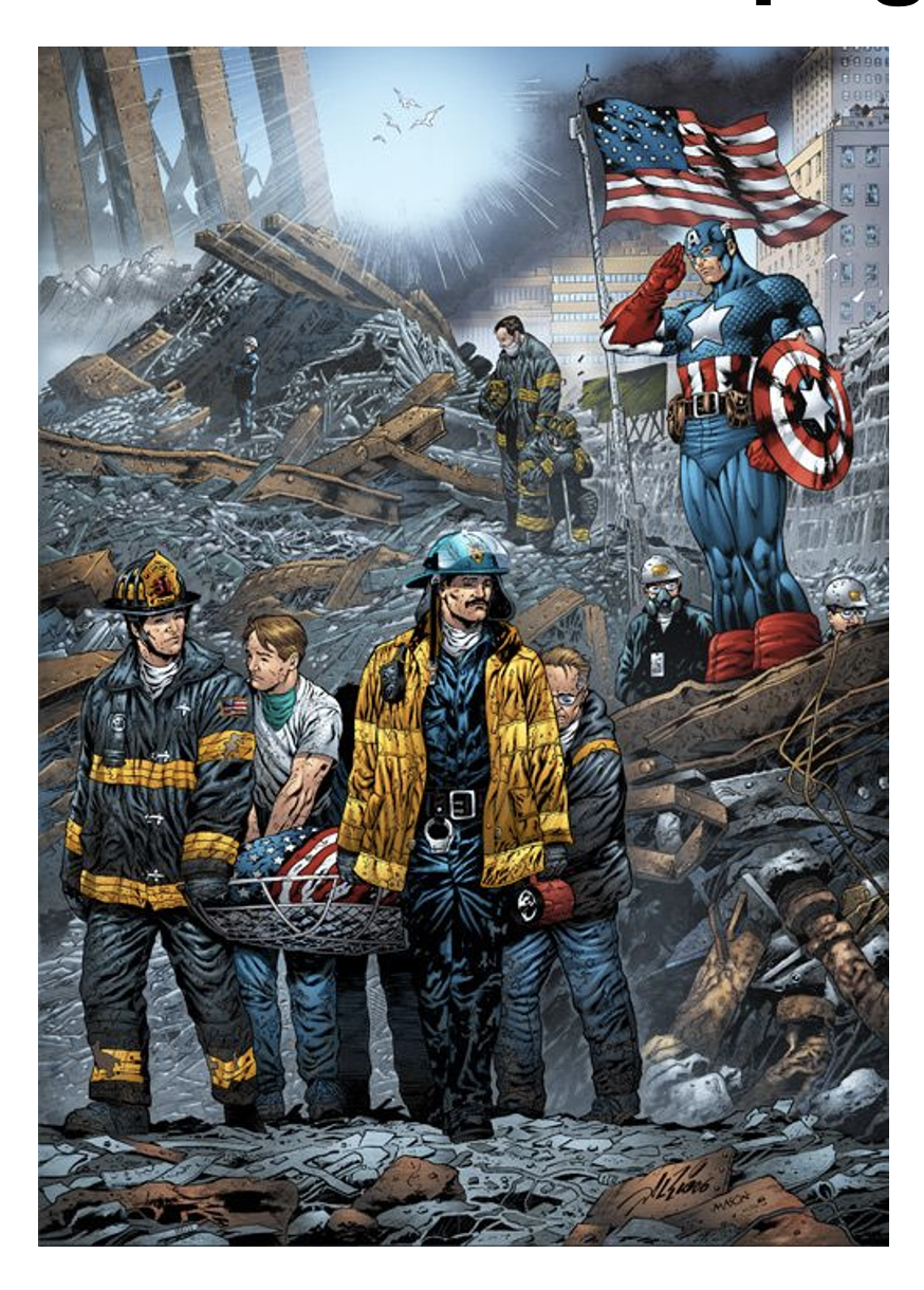Captain America ehrt die 9/11-Feuerwehrmänner – Künstler: Rio & Mason